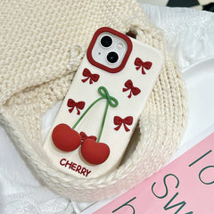 3D Bow Cherry Pendant Shockproof Silicone iPhone Case