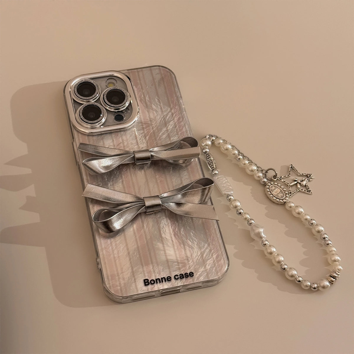 Stereoscopic Silvery Bowknot With Camera Glass Film iPhone Case