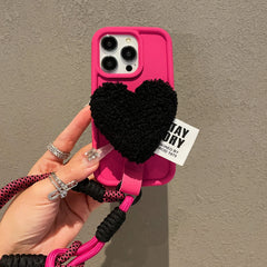3D Cute Plush Love Heart Holder Stand iPhone Case
