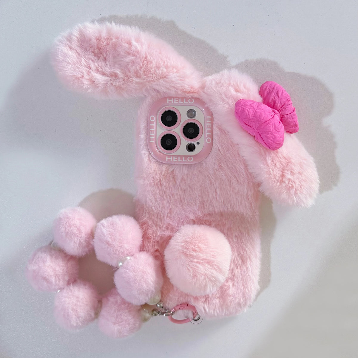 3D Pink Bow Long Ear Bunny Plush iPhone Case