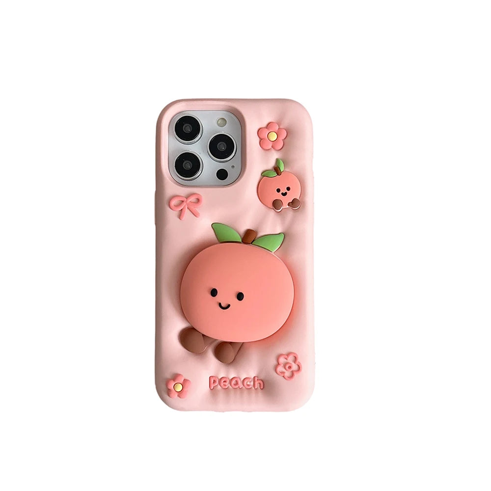 3D Summer Fruit Peach Bracket Soft Silicone iPhone Case