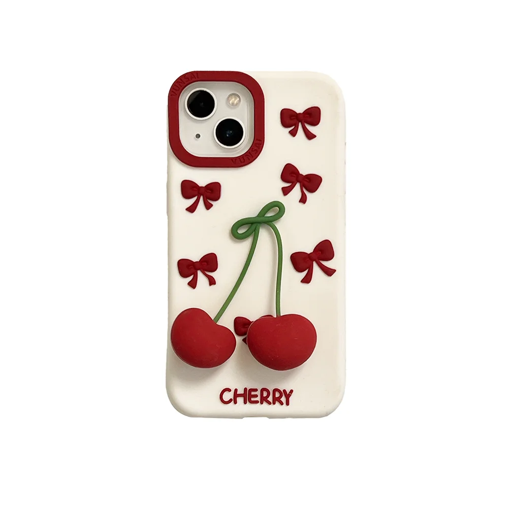 3D Bow Cherry Pendant Shockproof Silicone iPhone Case