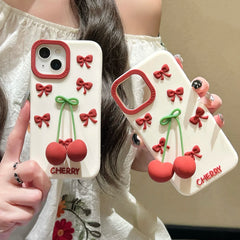 3D Bow Cherry Pendant Shockproof Silicone iPhone Case