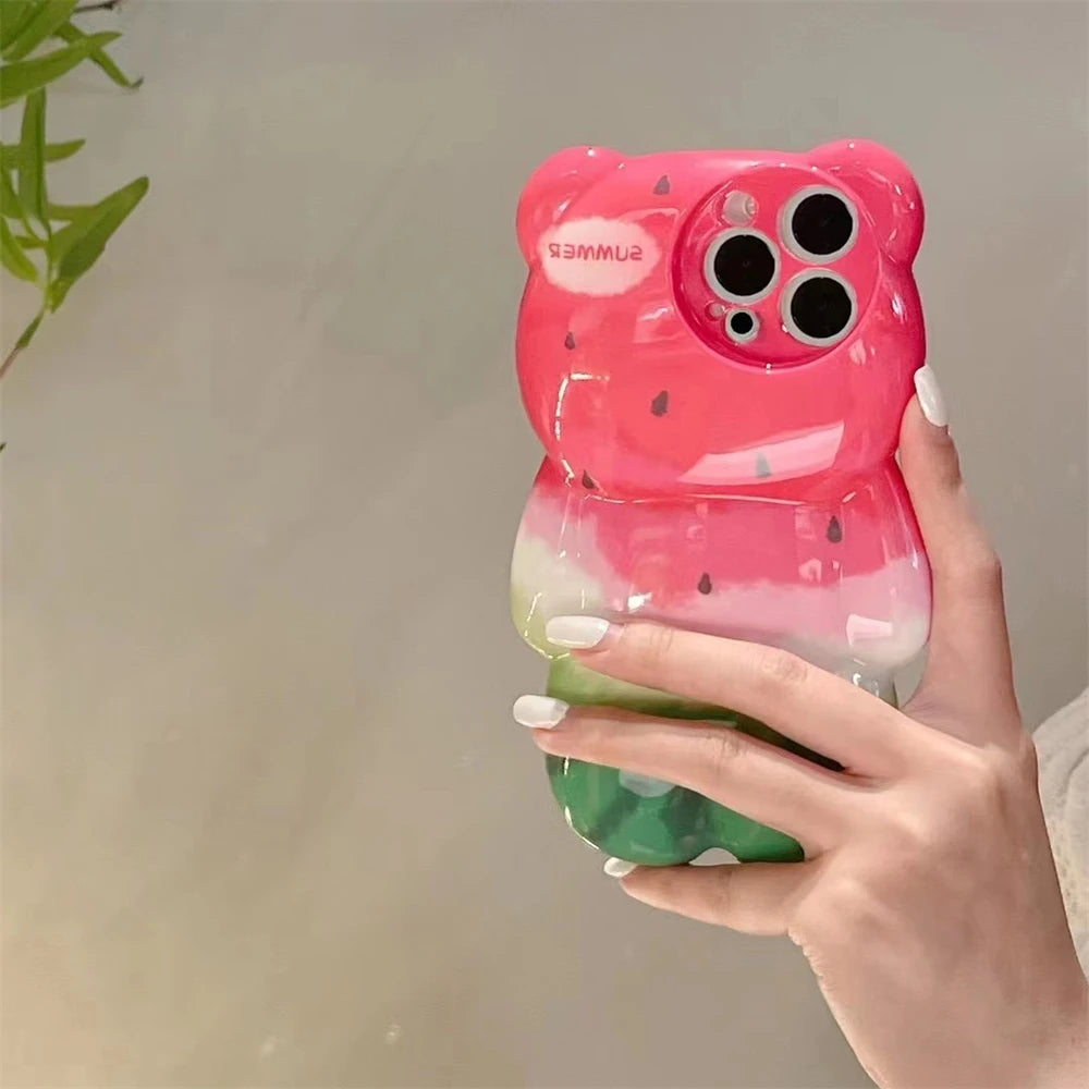 Cartoon 3D Cute Watermelon Bear Silicone iPhone Case