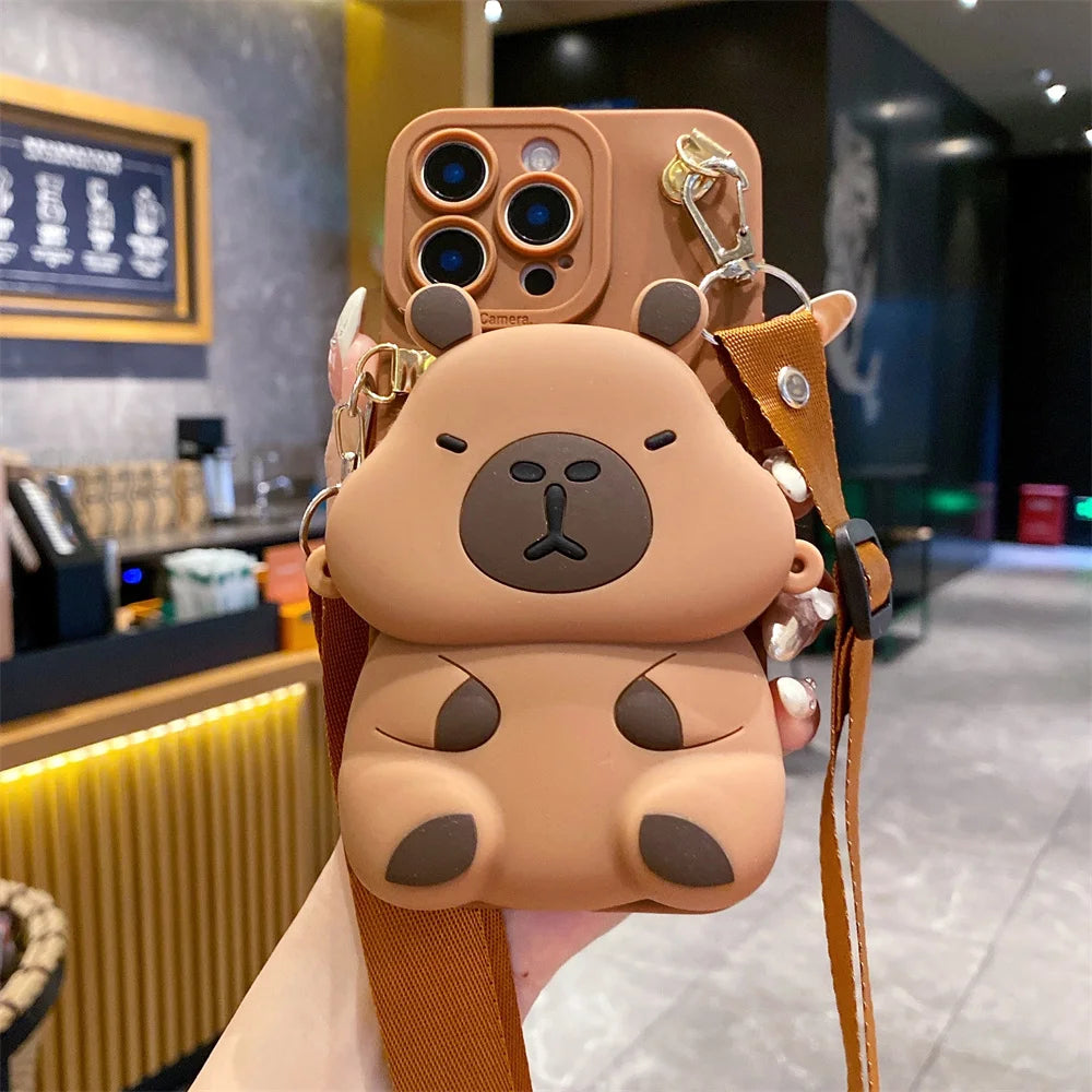 3D Cartoon Capybara Crossbody Strap Coin Wallet Lipstick Bag iPhone Case
