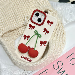 3D Bow Cherry Pendant Shockproof Silicone iPhone Case